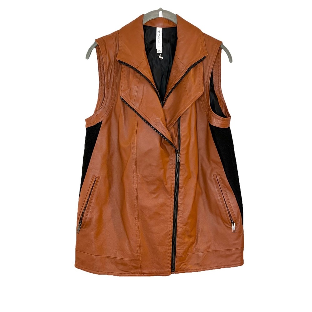 Mural Womens M Brown Leather Vest Moto Asymmetrical Wool Chic Edgy Biker Zip Up